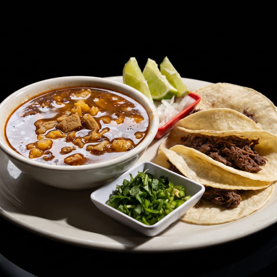 Hearty stew with meat and hominy, served with tacos, lime wedges, and chopped cilantro.