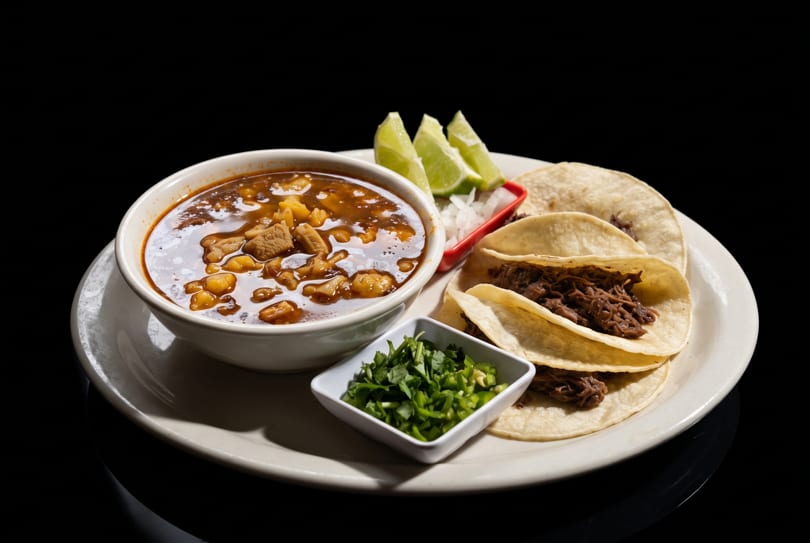 Hearty stew with meat and hominy, served with tacos, lime wedges, and chopped cilantro.