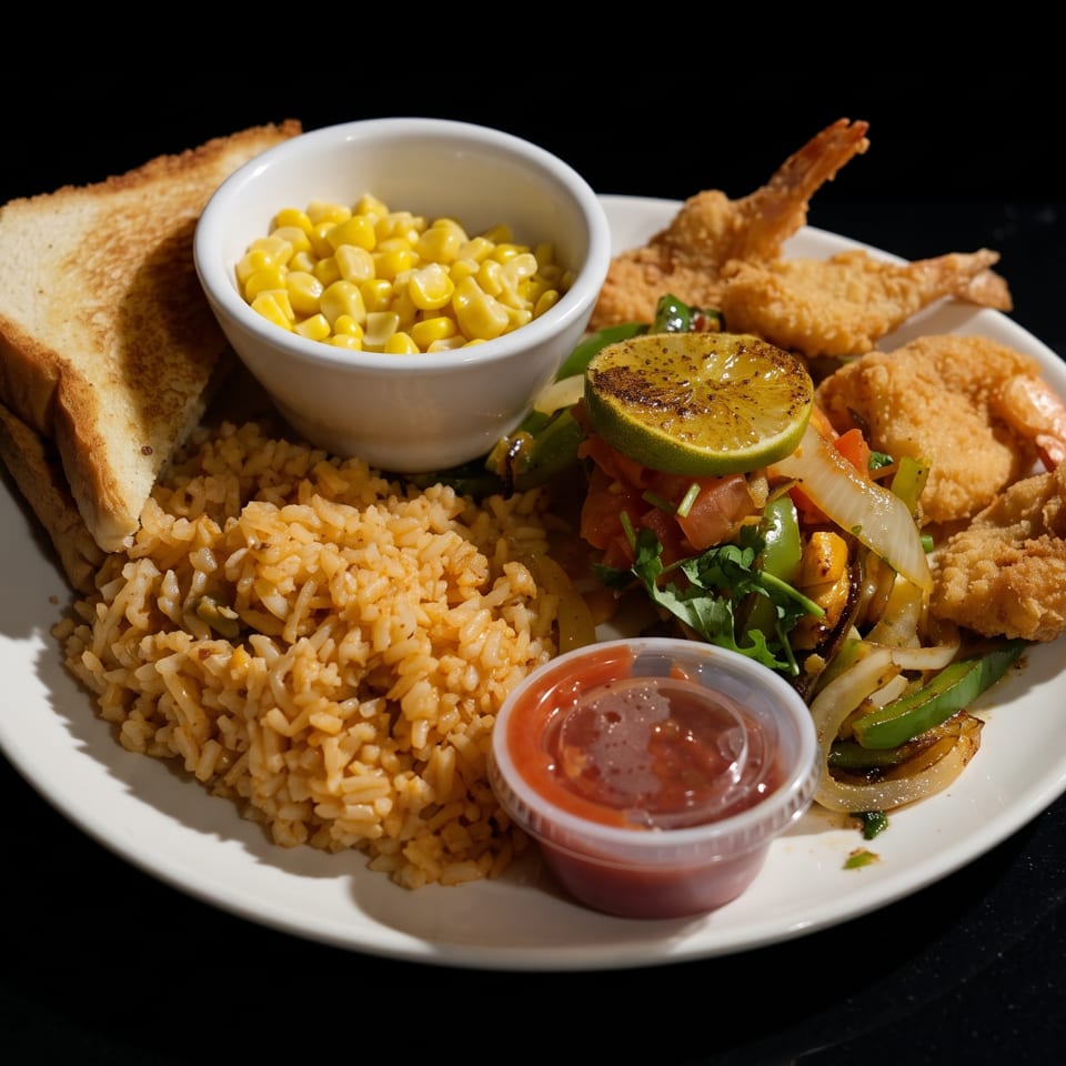 Fried shrimp, rice, corn, grilled vegetables, toast, and salsa on a white plate.