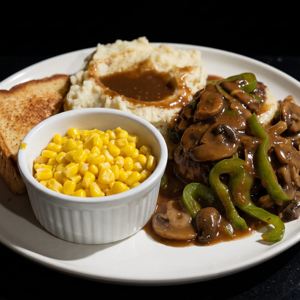 Salisbury steak with mushroom and pepper gravy, mashed potatoes, corn, and toast on a white plate.