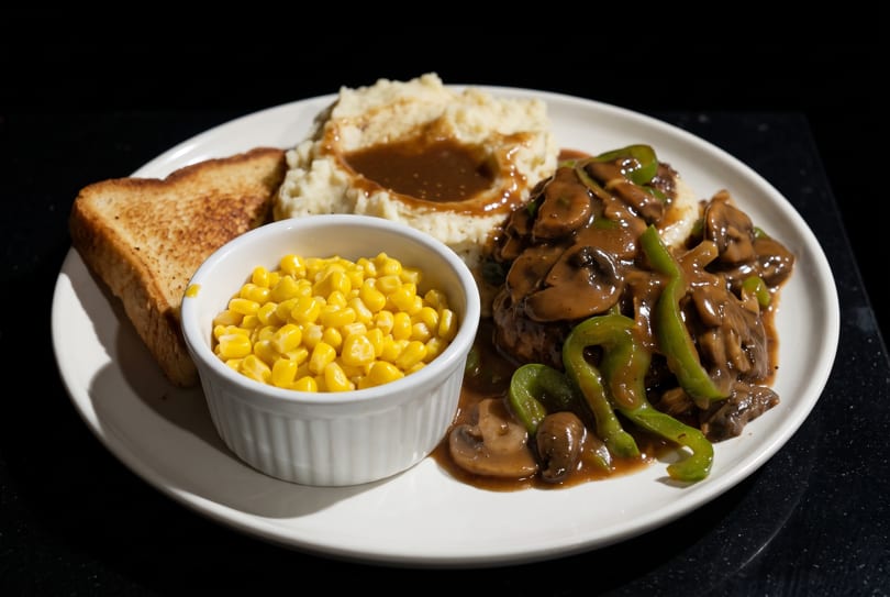 Salisbury steak with mushroom and pepper gravy, mashed potatoes, corn, and toast on a white plate.