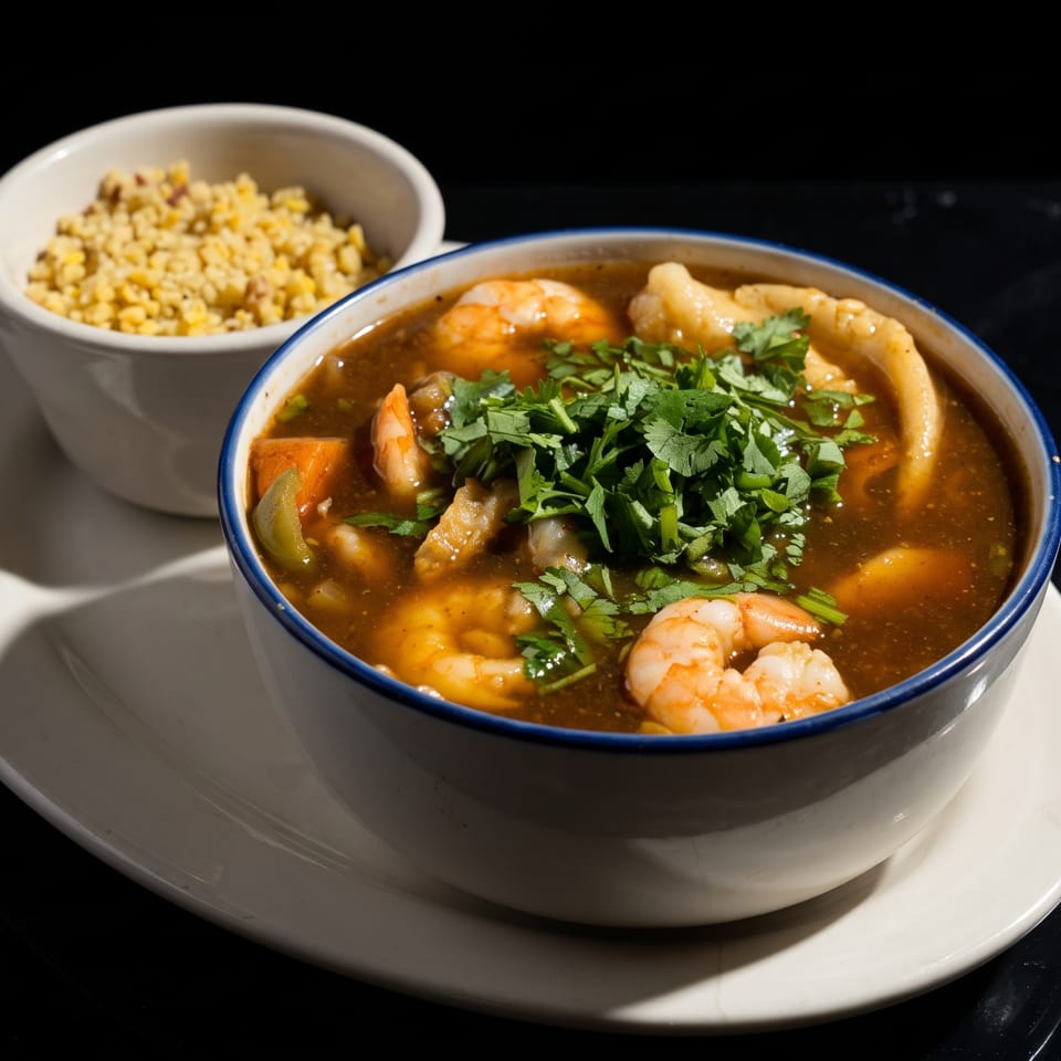 Shrimp and vegetable stew with cilantro in a white bowl, served with a side of rice.