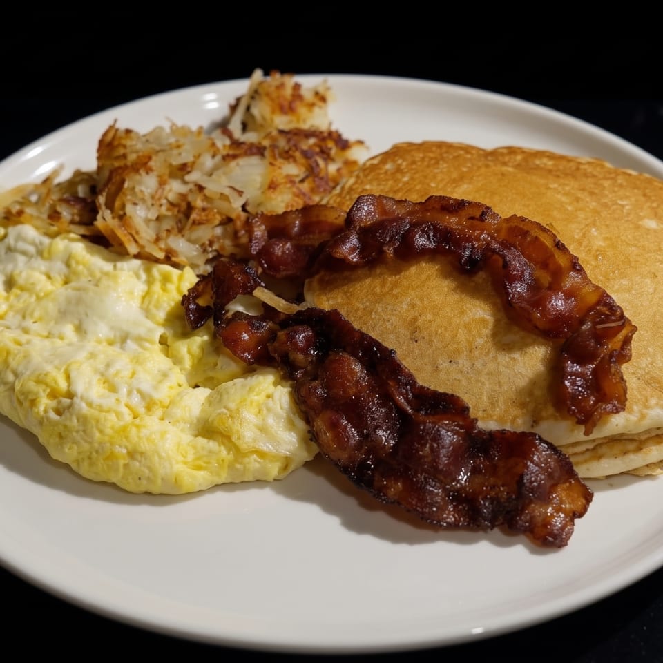 A breakfast plate with scrambled eggs, crispy hash browns, bacon strips, and a stack of pancakes.