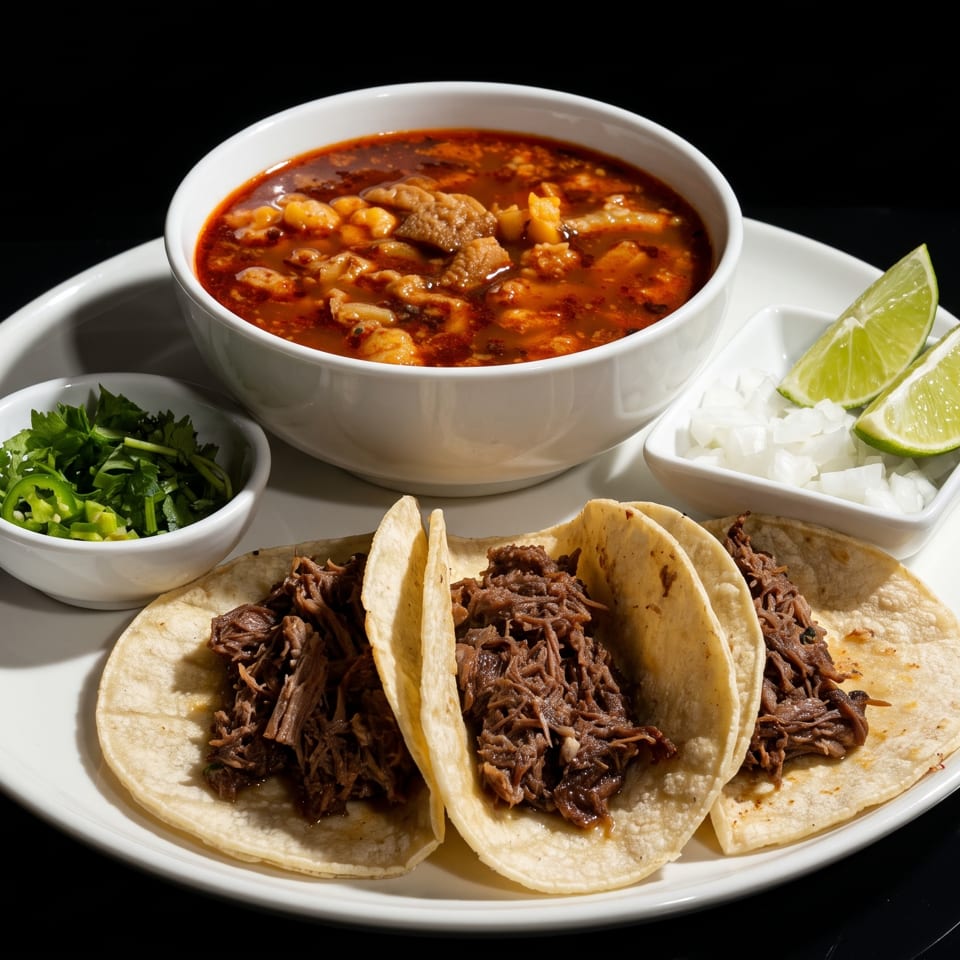 Three beef tacos, a bowl of menudo soup, and sides of cilantro, jalapeños, onions, and lime.